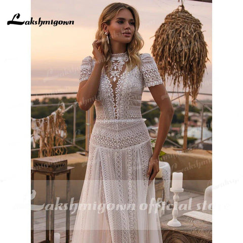 Volle Spitze Bohemian Brautkleid Robe Longue Vintage weiche Tüll Brautkleider Chic Brautkleider High neck abito da sposa 