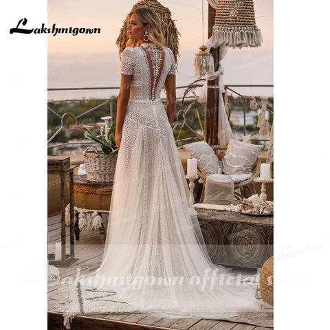 Volle Spitze Bohemian Brautkleid Robe Longue Vintage weiche Tüll Brautkleider Chic Brautkleider High neck abito da sposa 