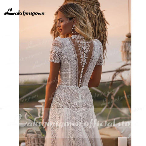 Volle Spitze Bohemian Brautkleid Robe Longue Vintage weiche Tüll Brautkleider Chic Brautkleider High neck abito da sposa 