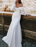 Empfang Lässige Brautkleider Trompete/Meerjungfrau-Linie Schulterfrei Langarm Sweep/Pinsel Schleppe Satin Brautkleider Mit Rüschen