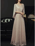 Etuikleid/Säulenkleid für die Brautmutter, elegant, funkelnd und glänzend, zierlich, V-Ausschnitt, bodenlang, Pailletten, halbe Ärmel mit Falten, Kristallbrosche