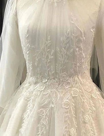 Verlobung Vintage 1940er / 1950er Jahre Formelle Herbst-Brautkleider Ballkleid Hoher Hals Langarm Hofschleppe Spitze Brautkleider mit Falten Applikationen Sommerhochzeitsfeier