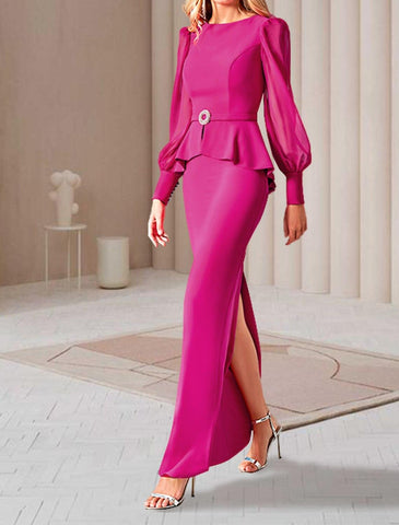 Etuikleid/Säulenkleid für die Brautmutter, elegantes Rundhalskleid, knöchellang, Chiffon, lange Ärmel mit Rüschen, Schlitz vorne, Kristallbrosche