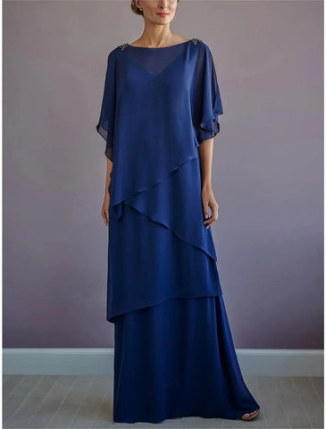 Kleid für die Mutter der Braut, formeller Hochzeitsgast, eleganter Halsausschnitt, bodenlang, Chiffon, halbe Ärmel mit Rüschen