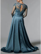 Vestido para mãe da noiva, convidada de casamento, elegante, decote em joia, cauda comprida em cetim elástico com renda e lantejoulas