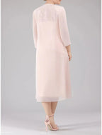 Vestido de festa tubinho/coluna para mãe da noiva, convidada de casamento, elegante, pequeno, decote redondo, comprimento chá, chiffon, manga 3/4 com renda