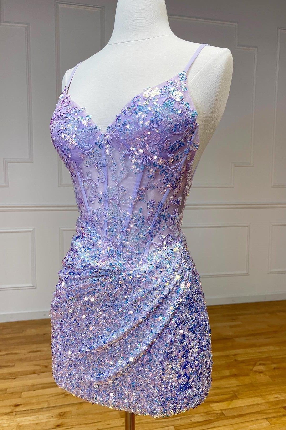 Funkelnde Applikationen Pailletten Flieder Homecoming Schnürkleid