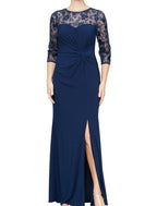 Vestido tubinho/coluna para mãe da noiva, convidada de casamento, elegante, decote em joia, comprimento até ao tornozelo, chiffon com renda, manga 3/4, com lantejoulas, racha frontal franzida