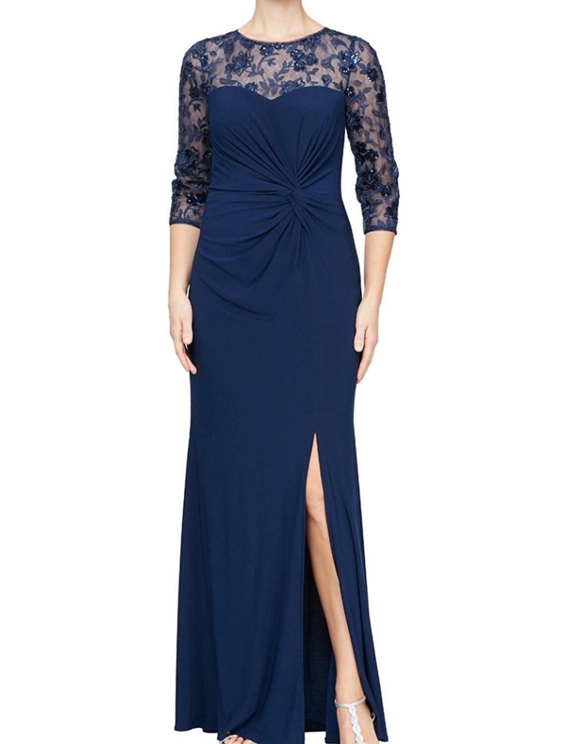 Vestido tubinho/coluna para mãe da noiva, convidada de casamento, elegante, decote em joia, comprimento até ao tornozelo, chiffon com renda, manga 3/4, com lantejoulas, racha frontal franzida