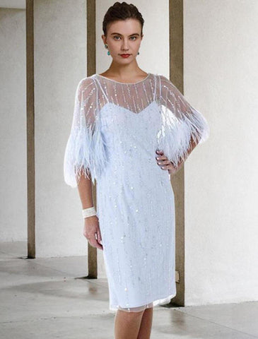 Etuikleid/Säulenkleid für die Mutter der Braut, Herbst, Hochzeitsgast, funkelnd und glänzend, elegant, Rundhalsausschnitt, knielang, Stretch-Chiffon, halbe Ärmel, mit Federn, Perlen, Pailletten