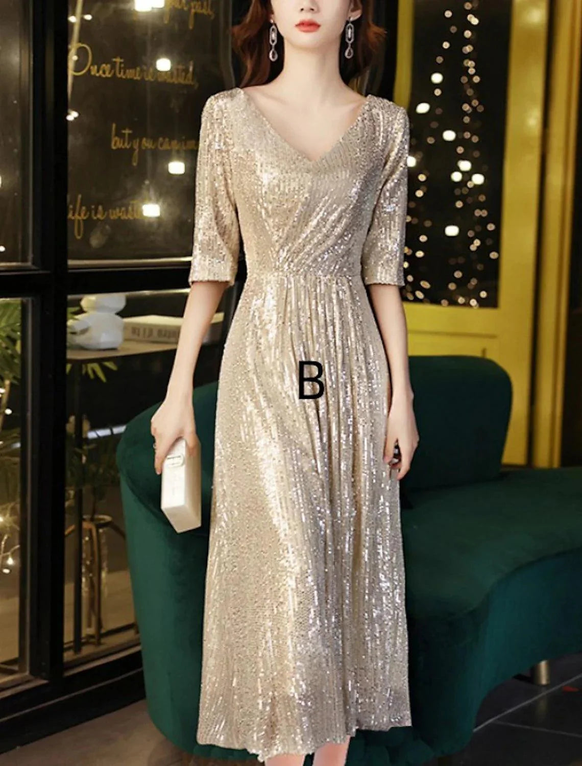 Vestido de festa tubinho/coluna para mãe da noiva, convidada de casamento, elegante, com brilho e decote em V, comprimento até ao chão, com lantejoulas, meia manga e pregas