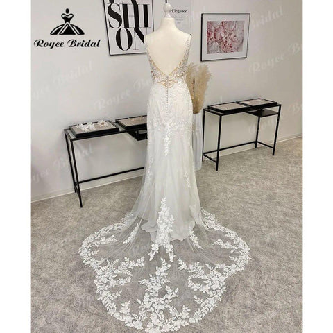 Gelinlik Spitze Tiefer V-ausschnitt Meerjungfrau Hochzeit Kleid für Frauen 2024 Boho Brautkleid Backless Spaghetti-trägern abito da spos 
