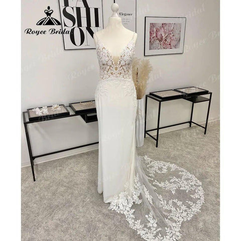 Gelinlik Spitze Tiefer V-ausschnitt Meerjungfrau Hochzeit Kleid für Frauen 2024 Boho Brautkleid Backless Spaghetti-trägern abito da spos 