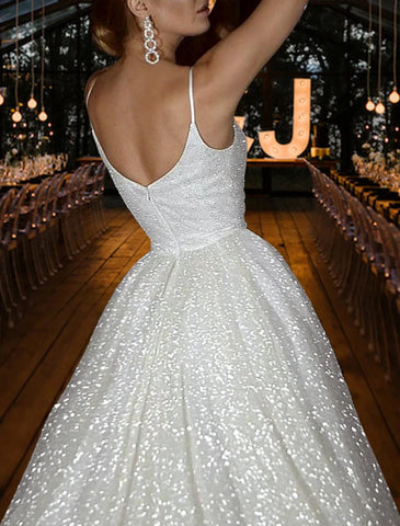 Vestidos de noiva casuais Hall Sparkle &amp; Shine, corte A, camisola, decote em V, alças finas, cauda longa, lantejoulas, cor sólida, festa de casamento, verão, outono