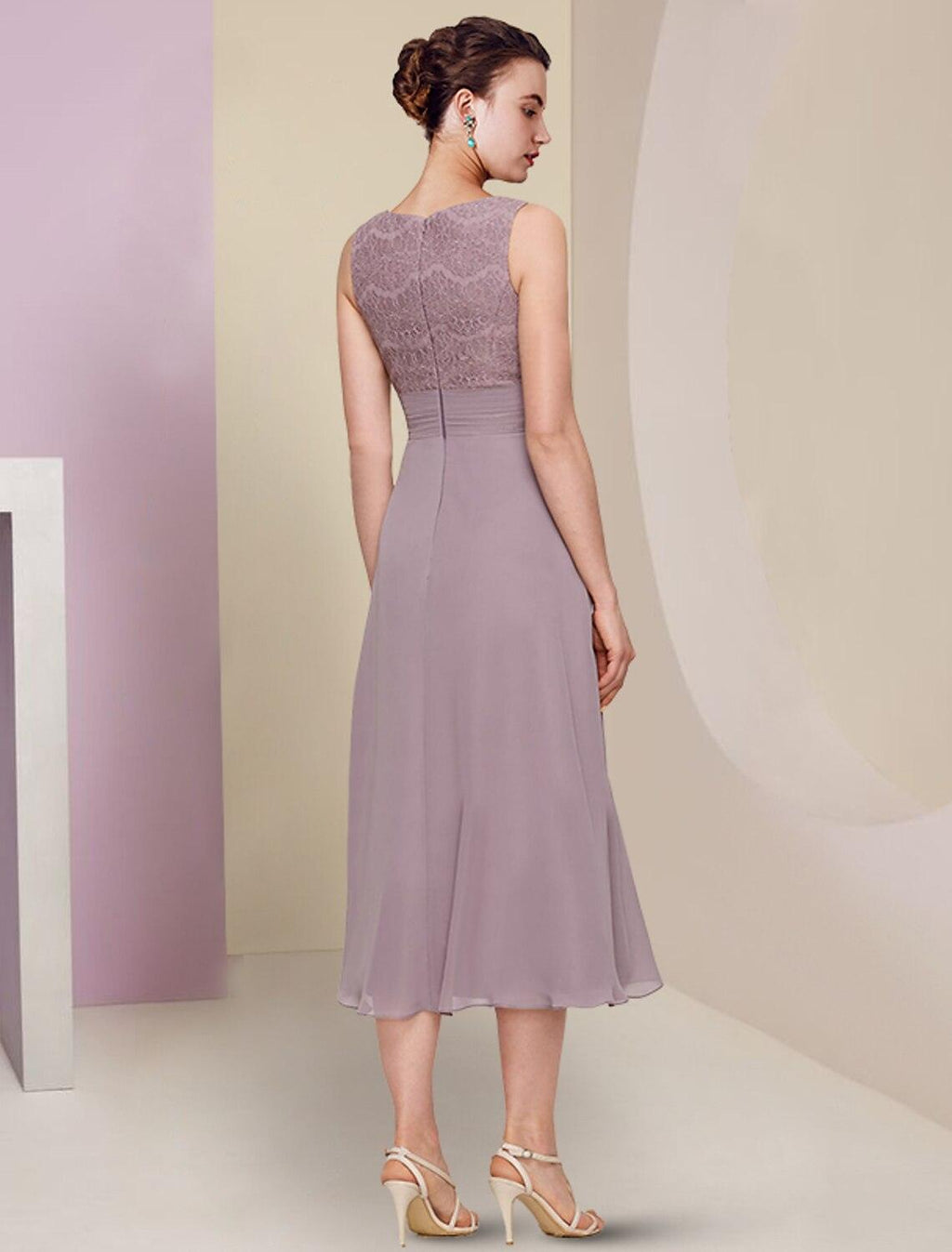 Vestido de mãe da noiva de duas peças, elegante, para casamento, igreja, decote em joia, comprimento chá, chiffon, renda, meia manga, cor sólida