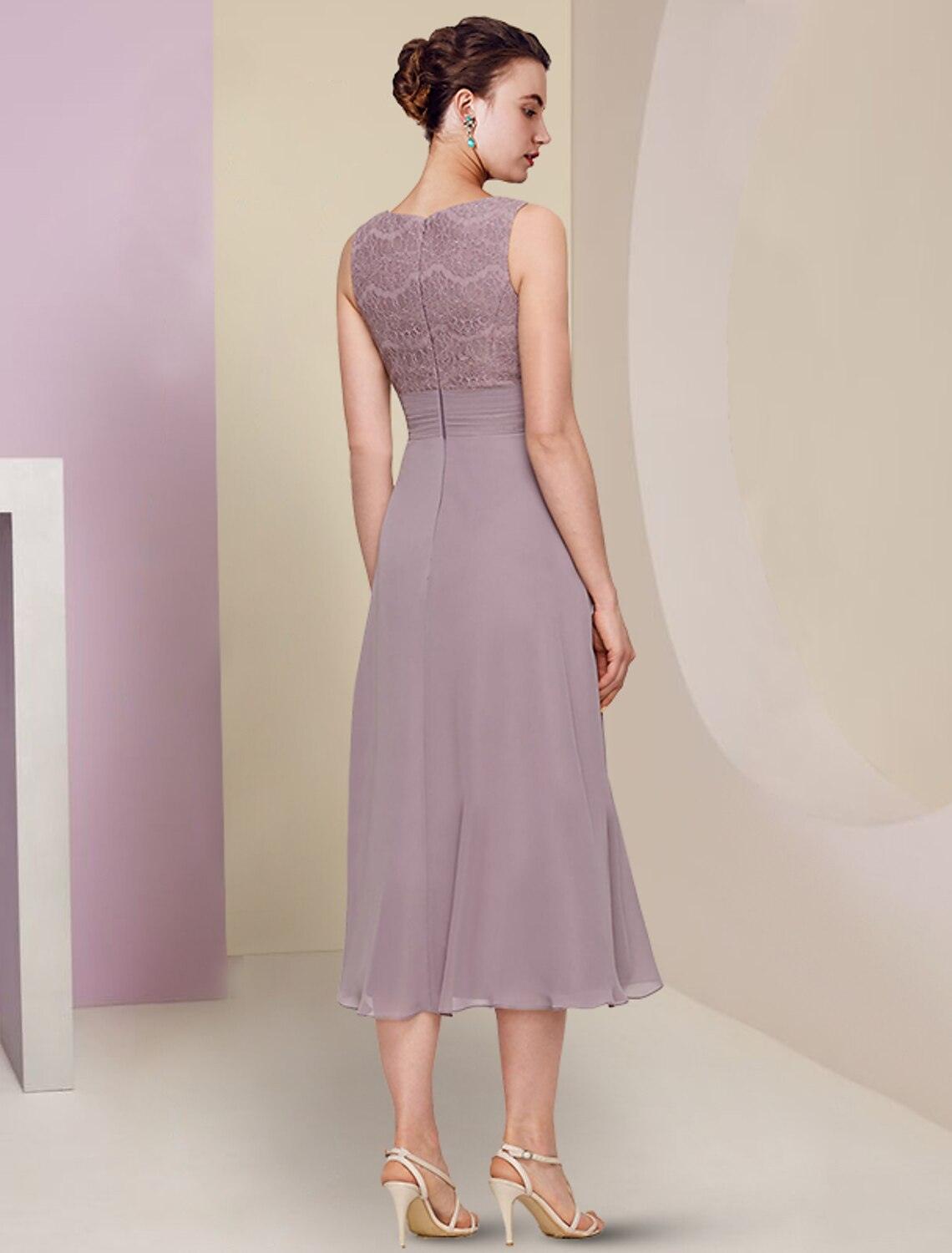 Vestido de mãe da noiva de duas peças, elegante, para casamento, igreja, decote em joia, comprimento chá, chiffon, renda, meia manga, cor sólida