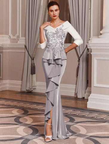 Meerjungfrau/Trompete Kleid für die Brautmutter, Hochzeitsgast, elegant, schulterfrei, Sweep/Pinselzug, Satin, 3/4-Ärmel mit Paillettenrüschen