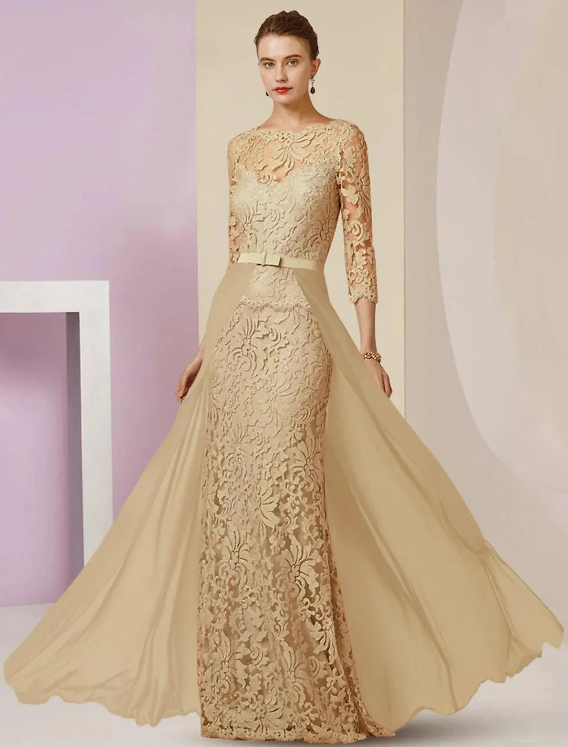 Vestido tubinho/coluna para mãe da noiva, festa formal para convidados de casamento, elegante, decote redondo, comprimento até ao chão, chiffon, renda, manga 3/4 com laço(s), aplicações
