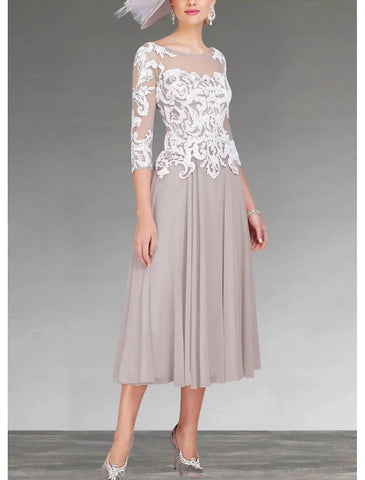 Elegantes Kleid für formelle Hochzeitsgäste mit rundem Ausschnitt, asymmetrischer Knöchellänge, Chiffon-Spitze, 3/4-Ärmel mit Applikationen, Mutter der Braut