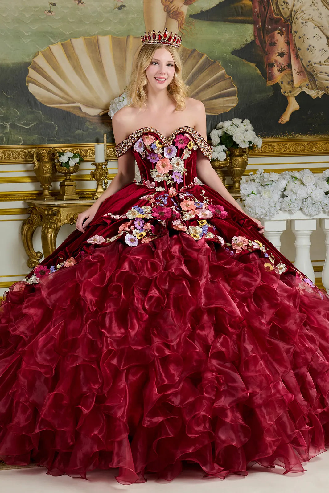 Off Shoulder Ruffled Ball Gown by Elizabeth K GL3638