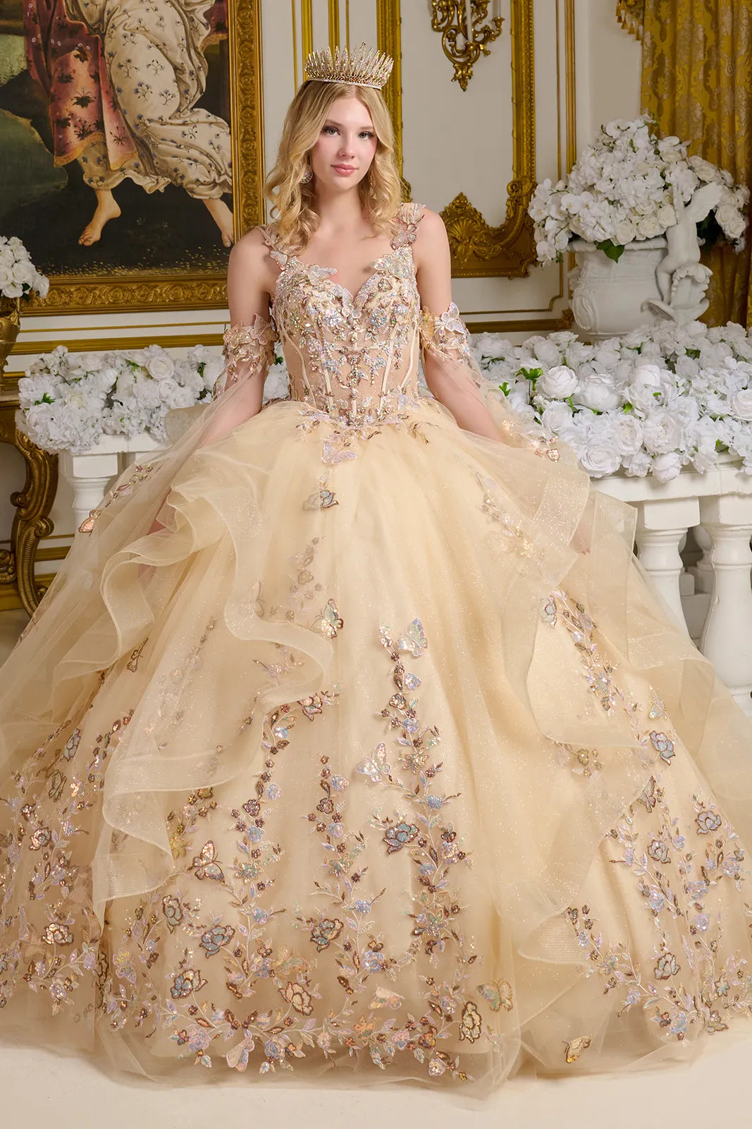 V-Neck Ruffled Ball Gown by Elizabeth K GL3648