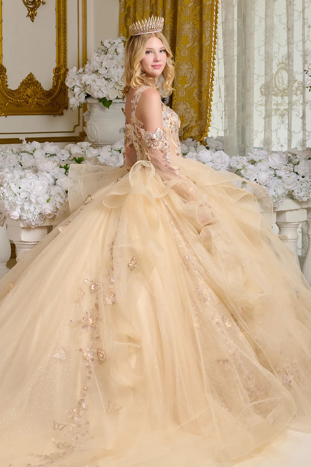 V-Neck Ruffled Ball Gown by Elizabeth K GL3648