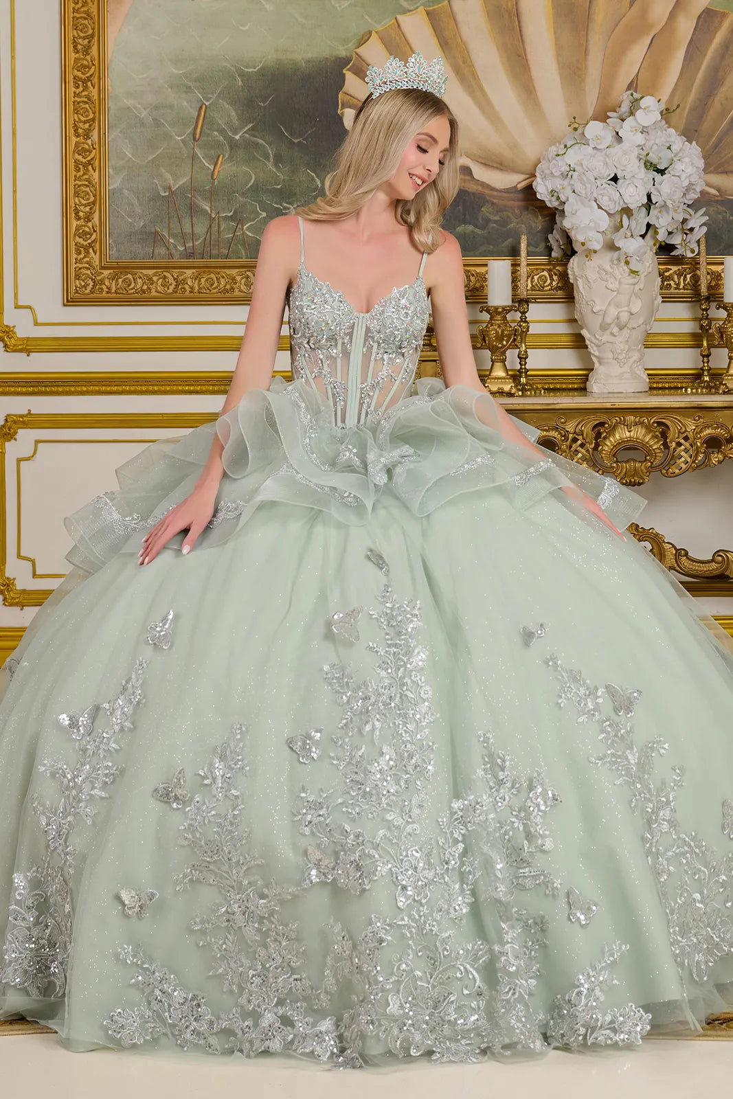 V-Neck Ruffled Ball Gown by Elizabeth K GL3649