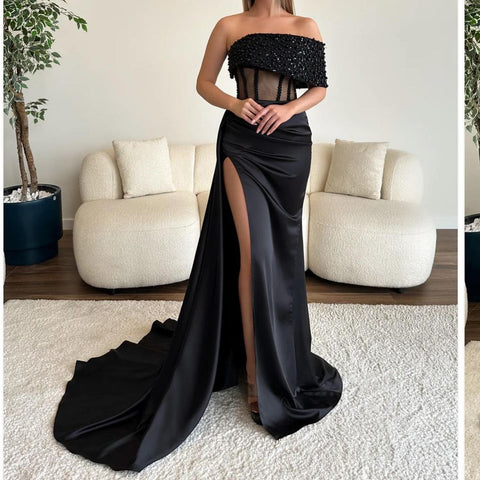 Vestidos de noite compridos em cetim azul royal, estilo sereia, sem alças, com racha