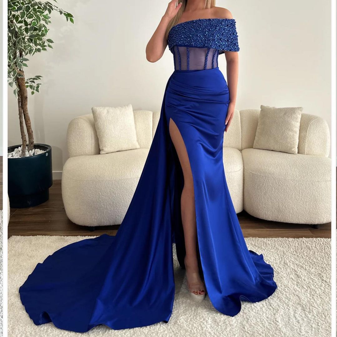 Vestidos de noite compridos em cetim azul royal, estilo sereia, sem alças, com racha