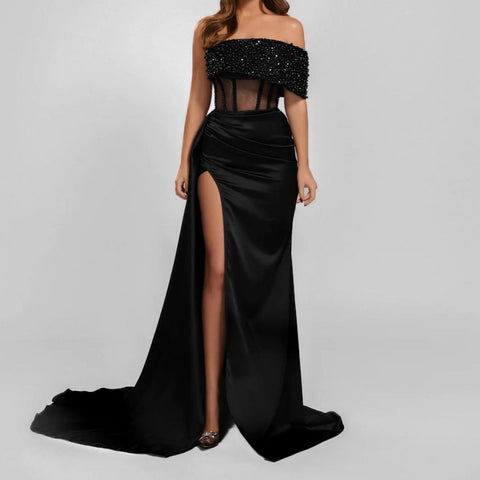 Vestidos de noite compridos em cetim azul royal, estilo sereia, sem alças, com racha