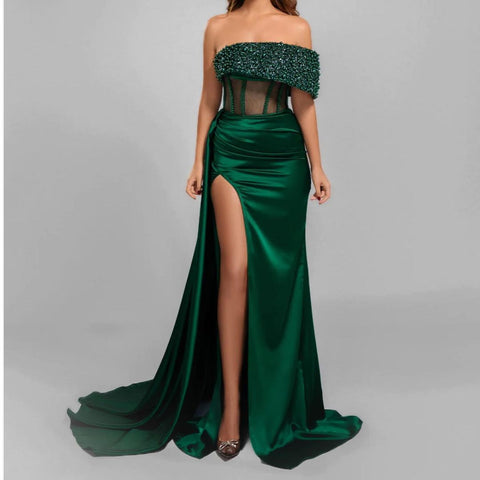 Vestidos de noite compridos em cetim azul royal, estilo sereia, sem alças, com racha