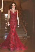 Glamouröses Pailletten-Meerjungfrau-Ballkleid in Burgunderrot mit Applikationen PG814