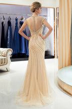Glamorous Cap Sleeves Mermaid Golden Beading Evening Gown