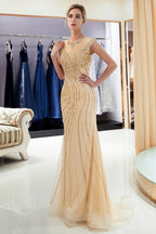 Glamorous Cap Sleeves Mermaid Golden Beading Evening Gown