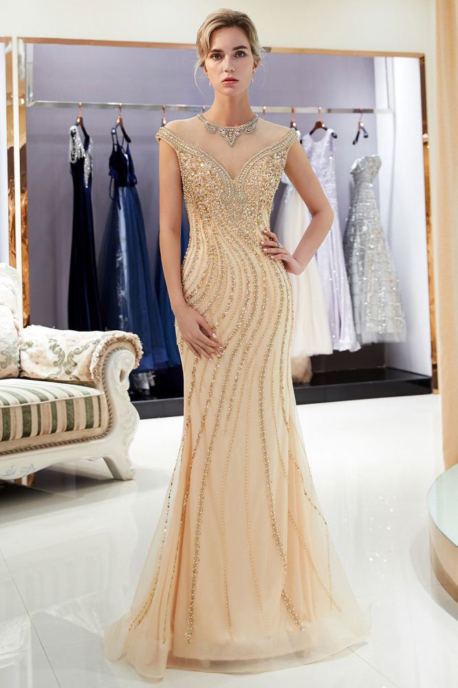 Glamorous Cap Sleeves Mermaid Golden Beading Evening Gown