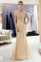 Glamorous Cap Sleeves Mermaid Golden Beading Evening Gown