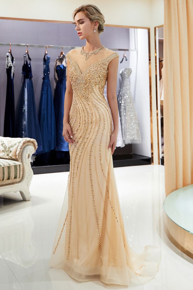 Glamorous Cap Sleeves Mermaid Golden Beading Evening Gown