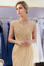 Glamorous Cap Sleeves Mermaid Golden Beading Evening Gown