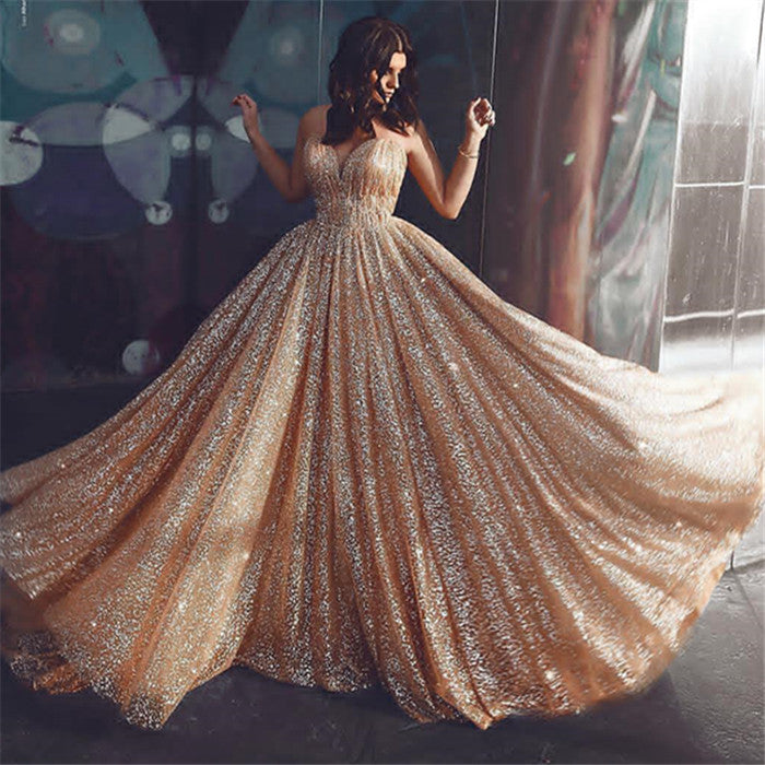 Glamorous Gold A Line Sequins Tulle Long Prom Dress with Ruffles