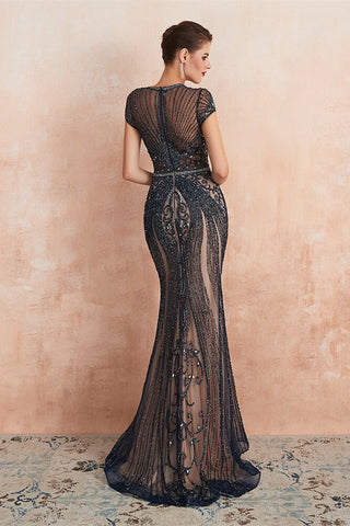 Long Jewel Neck Short Sleeves Mermaid Tulle Prom Dress with Beads
