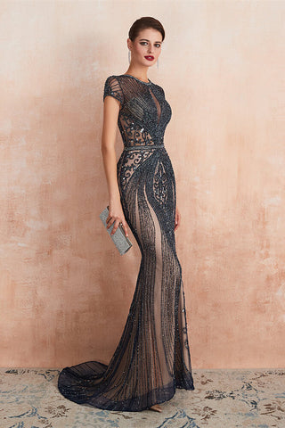 Long Jewel Neck Short Sleeves Mermaid Tulle Prom Dress with Beads
