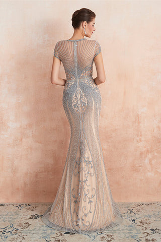 Long Jewel Neck Short Sleeves Mermaid Tulle Prom Dress with Beads