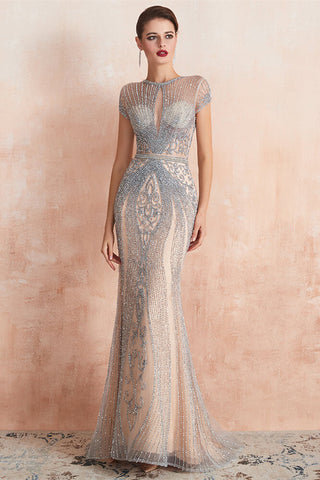 Long Jewel Neck Short Sleeves Mermaid Tulle Prom Dress with Beads
