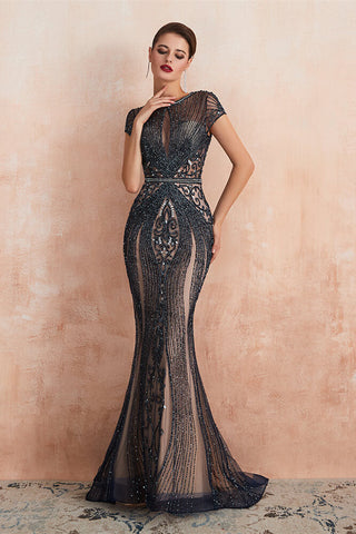 Long Jewel Neck Short Sleeves Mermaid Tulle Prom Dress with Beads