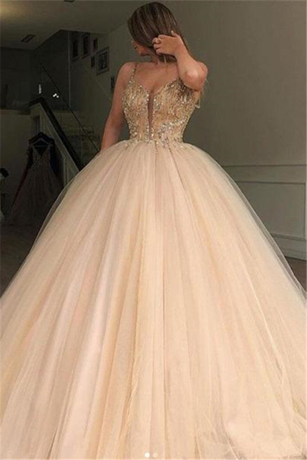 Glamorous Long Ball Gown Spaghetti Straps Beaded Tulle Prom Dresses
