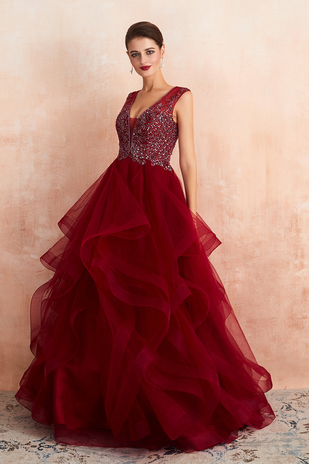 Glamorous Long Ball Gown V-neck Tulle Burgundy Prom Dress