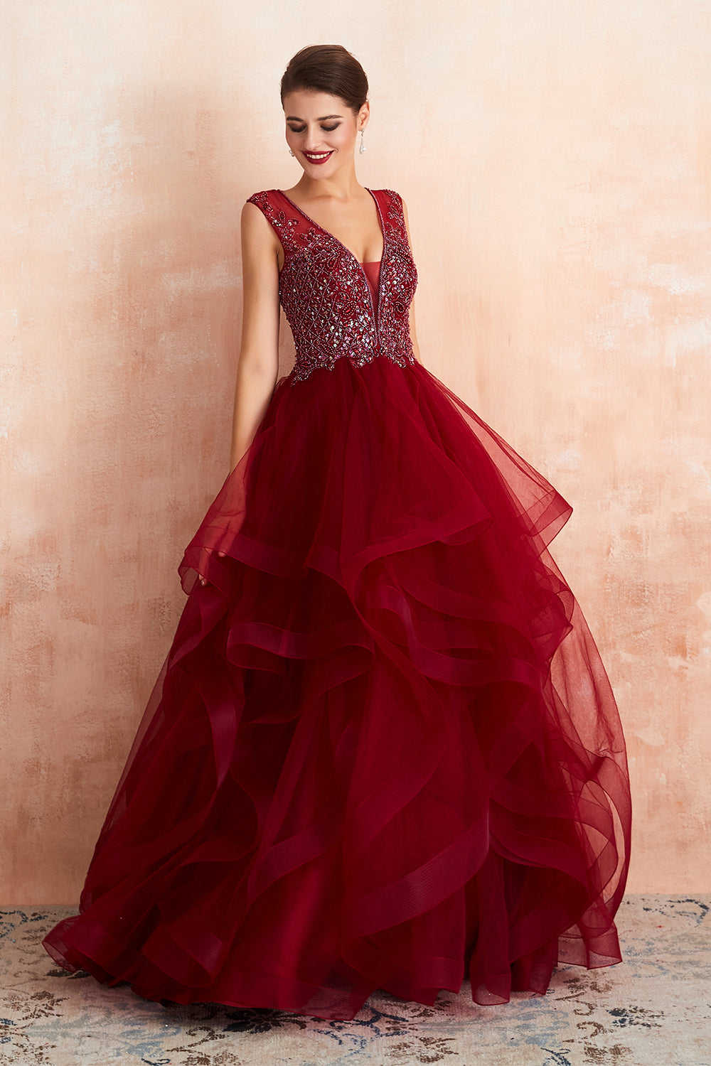 Glamorous Long Ball Gown V-neck Tulle Burgundy Prom Dress
