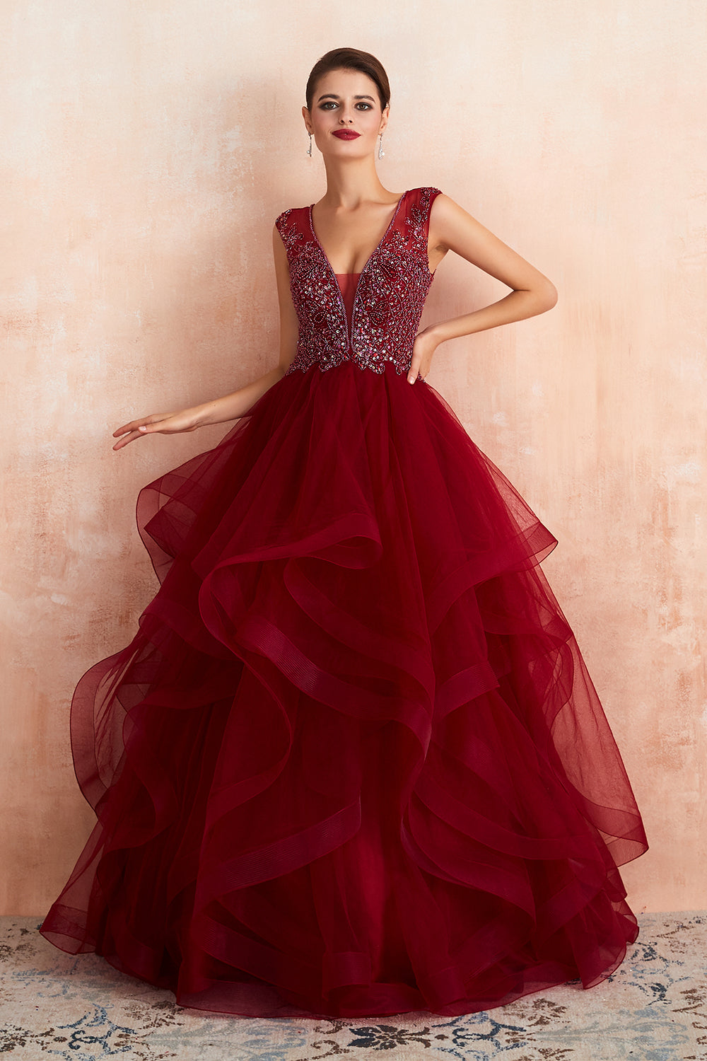 Glamorous Long Ball Gown V-neck Tulle Burgundy Prom Dress