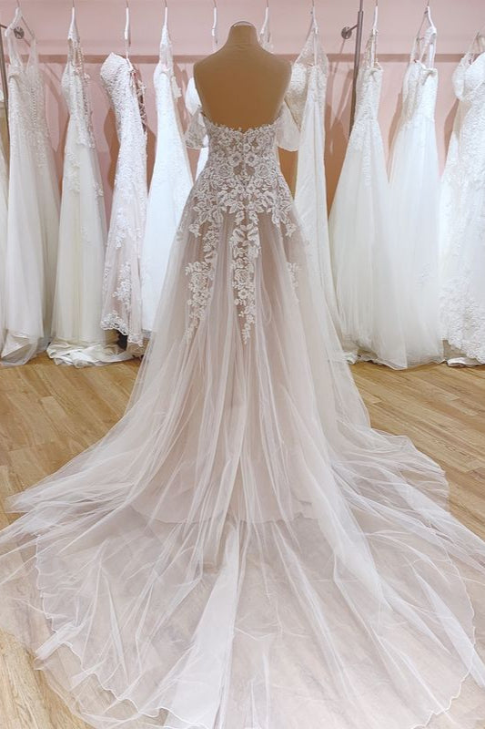 Glamouröses langes Meerjungfrauen-Brautkleid mit Bootsausschnitt, Applikationen, Spitze und Tüll