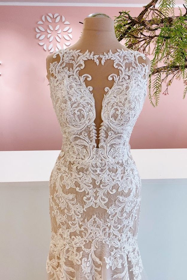 Glamouröses langes Meerjungfrauen-Brautkleid mit Bootsausschnitt, Applikationen, Spitze und Tüll
